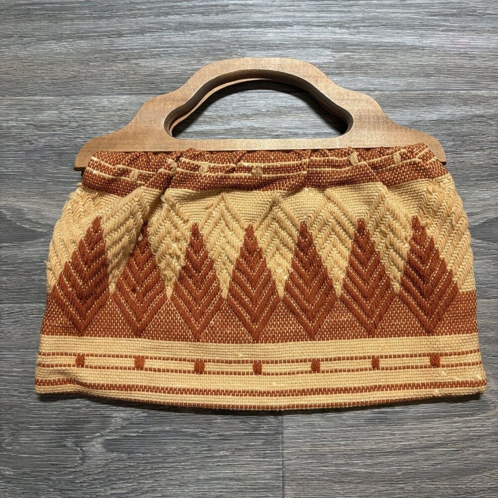 Vintage Woven Fabric Clutch Wooden Top Handles Geometric Earth Tones 70s Boho - Picture 5 of 8